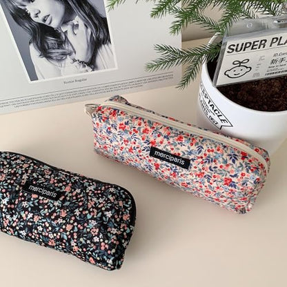 Flower Prints Pencil Pen Pouch Purse Bag Cosmetic Case Organizer Soft Cotton Canvas (GR) - color: GR