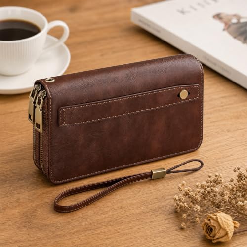 Tipmile Wristlet Wallet Women, RFID Blocking Card Holder Clutch Purse | Large Capacity, Grip Hand & Detachable Wrist Strap, Dual-Zipper, Ladies Gift, Brown - color: Brown
