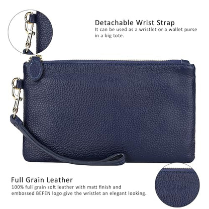 befen Genuine Leather Wristlet Clutch RFID Blocking Bag Cell Phone Purse | Cell Phone Wristlet Clutch for Women, Small Wallet Purses with RFID Blocking Card Slots - color: Style02-nave Blue