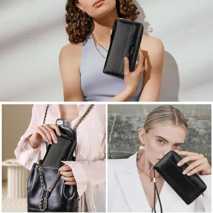 Real Leather Wristlet Wallet Women With RFID Blocking(ypblack) | Large capacity design,12 credit card slots,1 Inner zipper coin pocket,2 Full-length receipt slots,2 cash compartments - color: b1-Oiled leather black