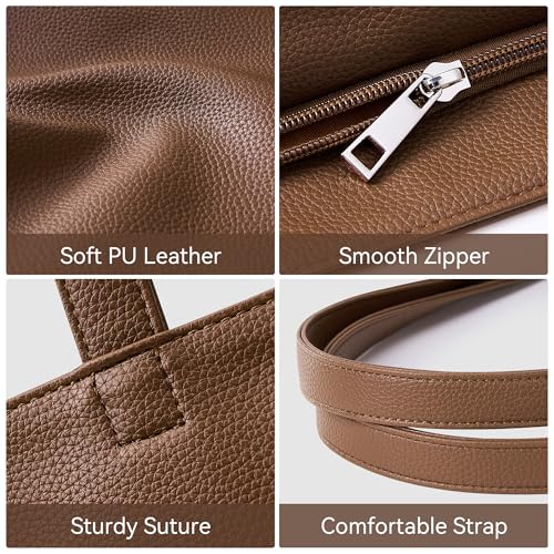WLLWOO Soft Vegan Leather Tote Bag for Women Large Hobo Zipper Purse | Casual Shoulder Handbags Carryall for Work Daily Weekender Travel Commute - color: Coffee