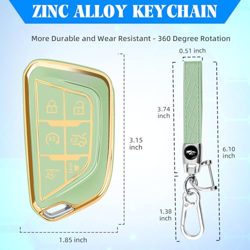 QBUC for Cadillac Key Fob Cover with Leather Keychain (Gold Trim Green) | Soft TPU Protection Case Compatible with 2020-2026 Cadillac Escalade Lyriq Optiq 6-Buttons - color: Gold/Green, size: 6-Buttons