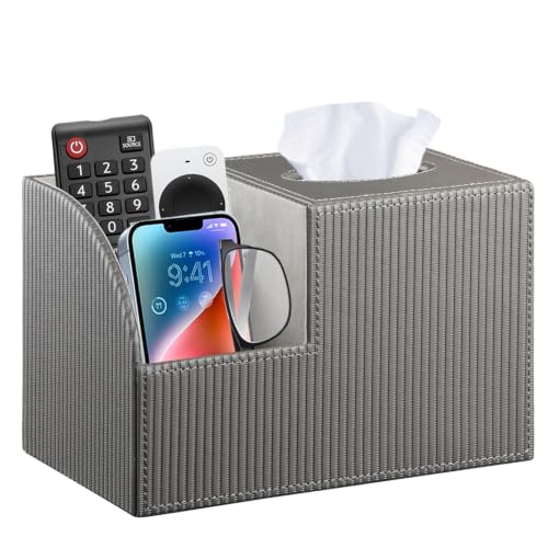PU Leather Square Tissue Box Cover - Multi-Functional Tissue Box Holder | Tissue Box Cover with Storage,Tissue and Remote Control Holder,Cube Tissue Box Organizer Bedroom Nightstand End Table - color: Gray Rome