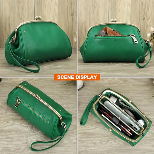 CONTACTS Full Grain Leather Kiss Lock Clutch Purse for Women Evening Clutch Bag Kiss Clasp Handbag - color: Green