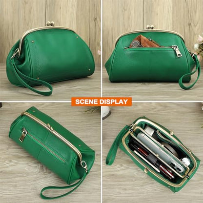 CONTACTS Full Grain Leather Kiss Lock Clutch Purse for Women Evening Clutch Bag Kiss Clasp Handbag - color: Green
