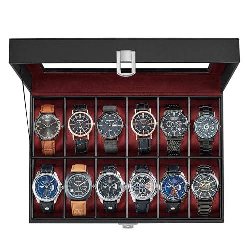 SONGMICS Watch Box, 12-Slot Watch Case with Large Glass Lid | Removable Pillows, Black PU Leather, Wine Red Lining, Gift for Loved Ones, BRIDIE Collection UJWB120R01 - color: Black + Wine Red, size: 12 Slot