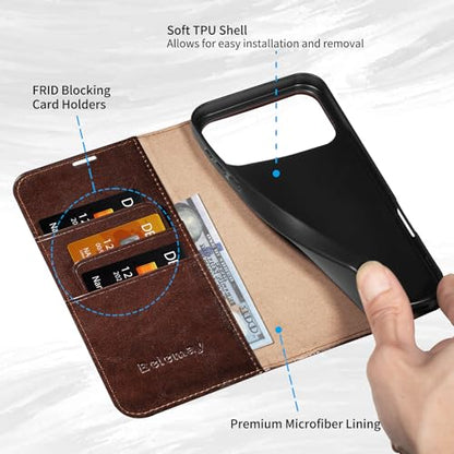 Belemay Leather Wallet Case Compatible with iPhone 17 Pro, Premium Cowhide Leather Two-Tone Effect, RFID Blocking Card Holders, Shockproof TPU Shell, Kickstand, Protective Flip Cover, 6.3", Brown - color: Brown, size: iPhone 17 Pro