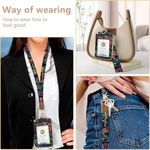 bolimoss Bookshelf Lanyard Wallet with Id Badge Holder Small Wristlet Keychain Wallet for Women RFID Cute Credit Card Holder with Breakaway Phone Wrist Neck Strap for Teacher Student Nurse Office - color: Flower Bookself