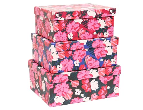 3-Piece Decorative Storage Boxes with Lids, Vibrant Pink and White Flower, Paperboard Keepsake box Set, Photo Storage Box for Memory, Home Decor, Knick-knacks Organizer, Shelf Decor - color: PINK PASSION