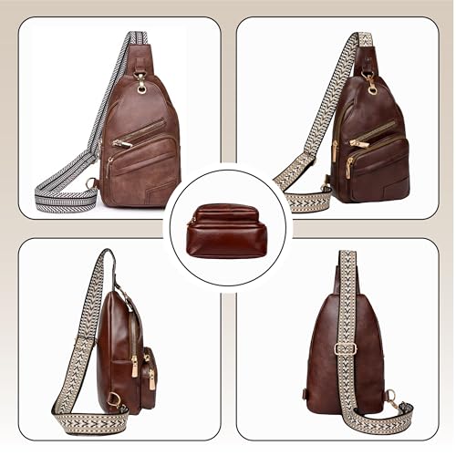 Sling Bag Set, PU Leather Sling Bag, Multi-Zipper Design for Travel, Outdoors, Valentine’s Day Gifts - color: 02-dbrown
