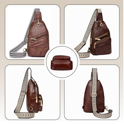 Sling Bag Set, PU Leather Sling Bag, Multi-Zipper Design for Travel, Outdoors, Valentine’s Day Gifts - color: 02-dbrown