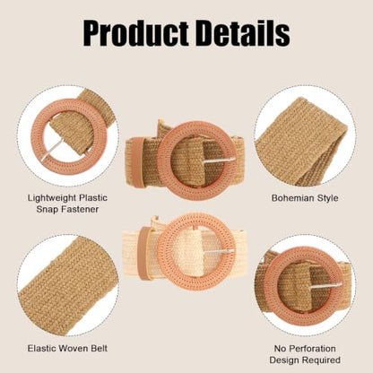 Amaxiu 2 Pack Straw Woven Elastic Belt, Woven Belt for Women Dresses | Braided Waist, Wide Boho Rattan Waist Belt with Stretch Beige Brown