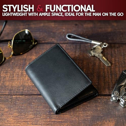 BULL GUARD RFID Leather Trifold Wallets for Men ID Window, Secret Pocket, Black - color: Rich Black