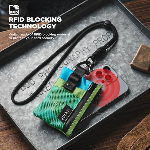 VULKIT Small Minimalist Wallet for Women and Men RFID Blocking, Zipper Coin Pouch with ID Window and Keychain, Water Resistant Travel Lanyard Wallet Green Blue - color: Green-blue