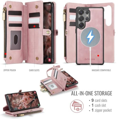 Defencase for Galaxy S26 Ultra Case Wallet Compatible with Magsafe, Pink | Magnetic Detachable, RFID Bolcking Card Holder, Zipper Strap, PU Leather Drop-Proof Phone Cover for Samsung Galaxy S26 Ultra - color: (Detachable with Magsafe)-Pink