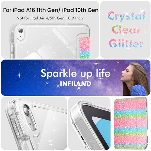 INFILAND Glitter Case for iPad A16 11th/10th Generation 11/10.9 Inch | 2025/2022 Sparkly Clear Cute Protective Cover Back with Pencil Holder For Kids Girls Rainbow - color: Rainbow