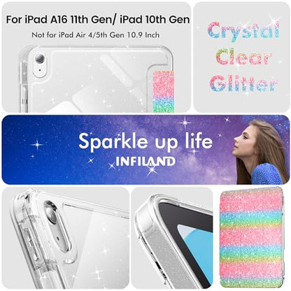 INFILAND Glitter Case for iPad A16 11th/10th Generation 11/10.9 Inch | 2025/2022 Sparkly Clear Cute Protective Cover Back with Pencil Holder For Kids Girls Rainbow - color: Rainbow