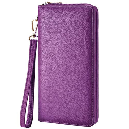 Chelmon Women's Vegan Leather Clutch Wallet with Zip, Hand Strap, Large Capacity - color: Pebble Purple