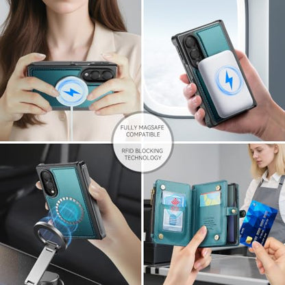 Defencase for Galaxy Z Fold 8 Case Wallet Compatible with Magsafe, Green | Magnetic Detachable, RFID Bolcking Card Holder, Zipper, PU Leather, Drop-Proof Phone Cases Cover for Samsung Galaxy Z Fold 8 - color: (Detachable with Magsafe)-Blue Green