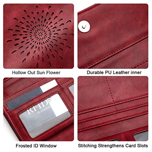 APHISON Womens Wallets RFID Blocking Leather Clutch Long Wallet for Women Card Holder Phone Organizer Ladies Travel Purse Hollow Out Sunflower Design Gift - color: red