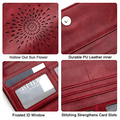 APHISON Womens Wallets RFID Blocking Leather Clutch Long Wallet for Women Card Holder Phone Organizer Ladies Travel Purse Hollow Out Sunflower Design Gift - color: red