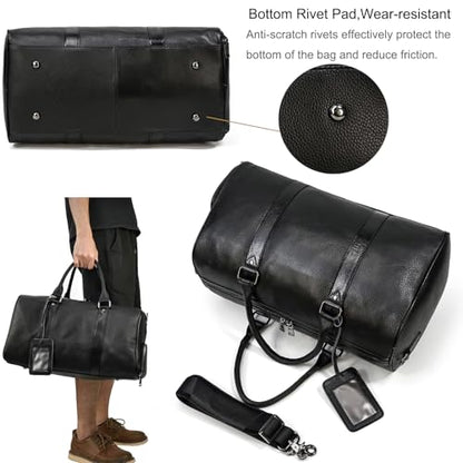 Leather Travel Bag for Men Large Capacity Luggage Duffel Bag with Shoe Compartment, Weekend Handbag for Holiday Business Trip 45cm, Black - color: 45cm-Black