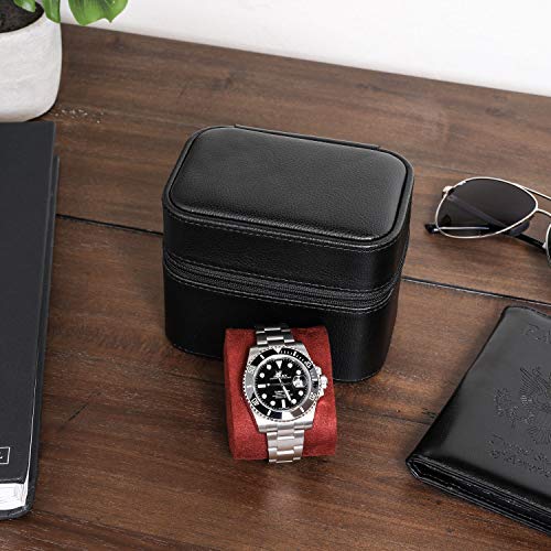 ROTHWELL Gift Set 6 Slot Leather Watch Box and 2 Watch Travel Case - Luxury Case Organizer, Microsuede Liner, Locking Mens Jewelry Watches Holder, Storage Boxes Glass Top (Black/Red Gift Set) - color: 6 Slot - Black/Red Gift Set