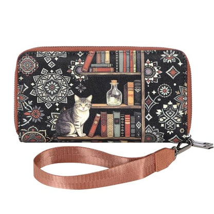 WHHMK Bookshelf and Cat Goth Womens Wallet，Wear-resistant and Scratch-resistant 900x600D Polyester Oxford Black Womens Wallet, Anti Theft Wallet for Cat Lover - color: Bookshelves Cat