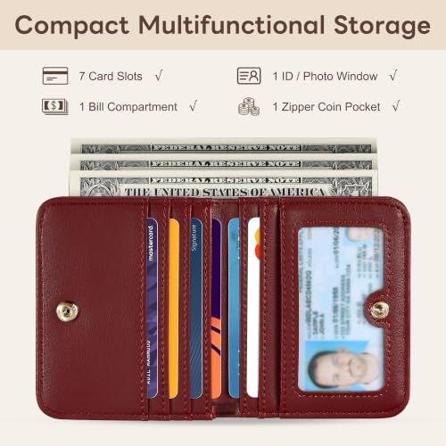 Small Wallet Women RFID Blocking Leather Bifold Compact Card Holder Wallet for Women With Zipper Coin Pocket ID Window (Deep Red) - color: Deep Red