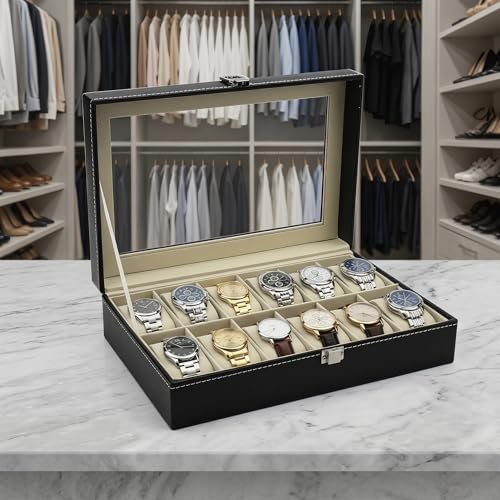 12 Slot Leather Watch Box Display Case Organizer with Framed Glass Lid Elegant Contrast and Removable Pillow for Men and Women Watch and Jewelry Large Holder Boxes