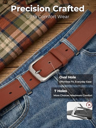 Mens Leather Belts for Jeans | Genuine Leather, Everyday Casual Dress, Classic Style, Handmade, Gift Box - color: Reddish Brown 215, size: 34(Fits Waist 32"-33")