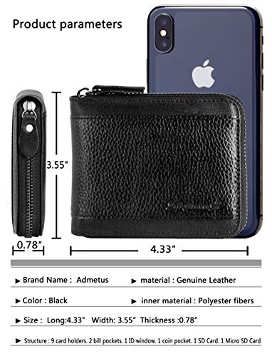 Admetus Mens Zipper Wallet Leather Zip Bifold RFID Blocking Card Holder | genuine leather,gift box,1 ID window,10 credit card slots,2 cash compartments,coin pocket,zip around,gift for men - color: Black-21