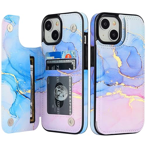 HAOPINSH for iPhone 15 Wallet Case with Card Holder, Pink Blue Marble Pattern Back Flip Folio PU Leather Kickstand Card Slots Case for Women Girls, Double Magnetic Clasp Shockproof Cover 6.1" - color: Pink Blue Marble