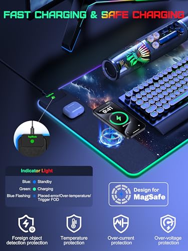 5-in-1 RGB Mouse Pad with 15W Wireless Charging, Keyboard Pad for Desk | 31.5” x 15.8” XXL Large Desk Mat, Gaming Mousepad with Ultra Smooth Surface & Non-Slip Rubber Base, Easy to Clean, Waterproof - color: Upgraded Rgb - Blue Nebula With Adapter