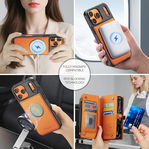 Defencase for iPhone 17 Pro Case Wallet Compatible with Magsafe, Orange | Drop-Proof Magnetic Detachable Phone Cases Cover, with RFID Bolcking Card Holder, Zipper Strap, PU Leather, Removable Wallet - color: (Detachable with Magsafe)-Orange