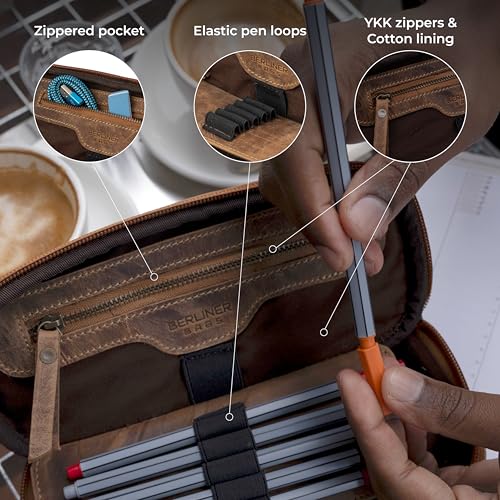 BERLINER BAGS Leather Pencil Case Felix, Pen Pouch For Men & Women- Brown | Genuine Leather Pencil Pouch, YKK Metal Zipper, Pen Loops Included, For Work and University - color: Walnut