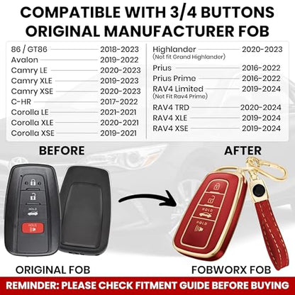 Toyota Key Fob Cover for RAV4, Camry, Highlander, Prius & more – Key Cover + Gold Key Chain Included (Gold & Red)