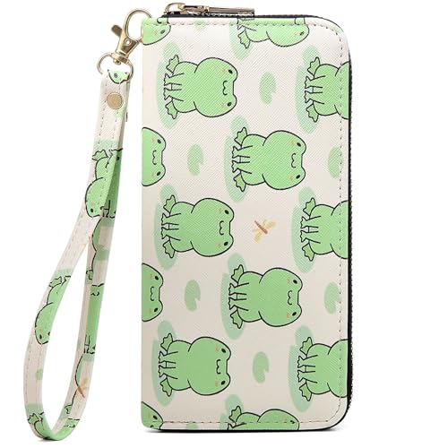 Checkered Highland Cow Print Book Wallet For Women Skull Goth Frog Butterfly Ladies Cluth Wristlet Wrist Strap Long Purse Zip Around Card Holder - color: Frog