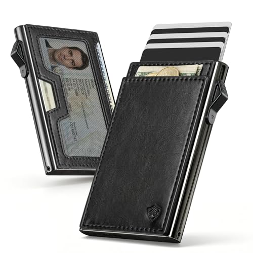 Bauhaus Slim Pop up Card Holder Wallet for Men | RFID Blocking Automatic Ejector | Premium Leather Front Pocket Minimalist Mens Wallet Holds 7 Cards + ID + Cash | Gift for Men Black and Gunmetal - color: Black and Gunmetal