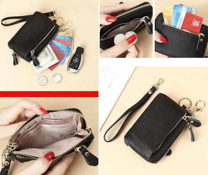 Women Genuine Real Leather Coin Purse with Hand Strap. 3 Zipper Small Wallet Wristlet with 3 credit cards slots Holder - Dark Blue - color: #18 Dark Blue