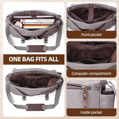 Messenger Bag for men Laptop Bag UnisexRetro Canvas Bag14-15.6 inches Casual single shoulder bag For Work College Travel - color: Grey