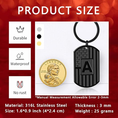 Initial Keychain for Men, A-Z Letter American Flag KeyChain Gifts for Men - color: Black J