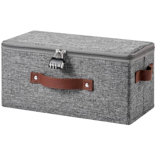 Lockable Storage Bins Box with Zipper Lid Combination Lock | Cotton Linen Fabric Basket w/ PU Leather Handles, DVD CD Container, Foldable Closet Shelf Organizer, Gray, 13"x 6"x 6" - color: Gray, size: Small-13"L ( Set of 1 )