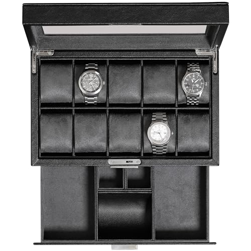 ROTHWELL 10-Slot Watch Box in Leather with Valet Drawer, Luxury Watch Case Display Organizer with Ultra Soft Microsuede Liner, Jewelry and Sunglass Holder With Large Glass top (Black/Grey) - color: Black/Grey