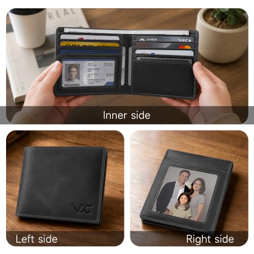 Men's 100% Genuine Leather Slim Bifold Wallet, Minimalist Front Pocket RFID Blocking Card Holder with 2 Thumb Notch ID Window, 8 Card Slots & Cash Pocket, Gift for Men (Black) - color: Black