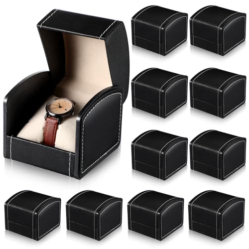 Tondiamo 10 Pack Single Watch Box with Pillow, Black PU Leather Case | Gift Box for Wristwatch, Cushion Holds Timepiece Secure, Arched Lid Protects from Dust, Display Organizer for Travel - color: Black