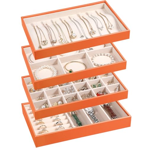 LANDICI 4-Piece Stackable PU Leather Jewelry Organizer Trays, Orange | Four stackable PU leather trays with flannel lining, ring rolls, necklace hooks and removable dividers for customized storage - color: Orange