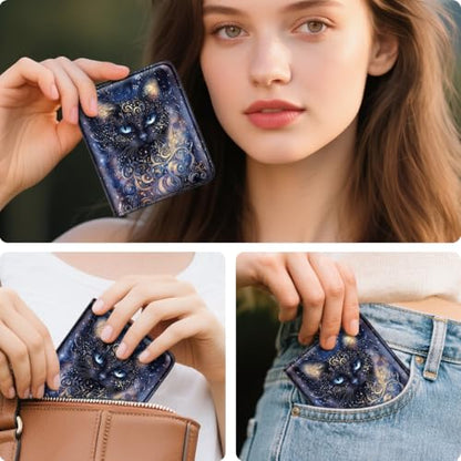 Small Womens Cat Wallet Thin Credit Card Holder Pocket Mini Purse | Compact Slim Women RFID Blocking Bifold Black Cat Leather Wallets Ladies Pocket Card Holders for Travel & Daily Use - color: Black Cat
