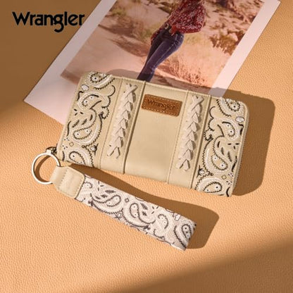 Montana West Wrangler Western Paisley Wristlet Wallet for Women, PU Leather Zip Around Card Holder Clutch with RFID Blocking & Coin Pocket - color: Tan