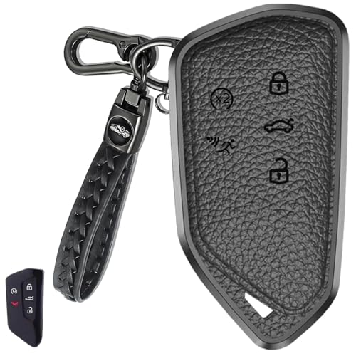 for Volkswagen Key Fob Cover, Aluminum and Leather Protective Case | Premium Shell with Keychain Compatible with VW Tiguan Atlas ID4 Golf Smart Key (D Black)